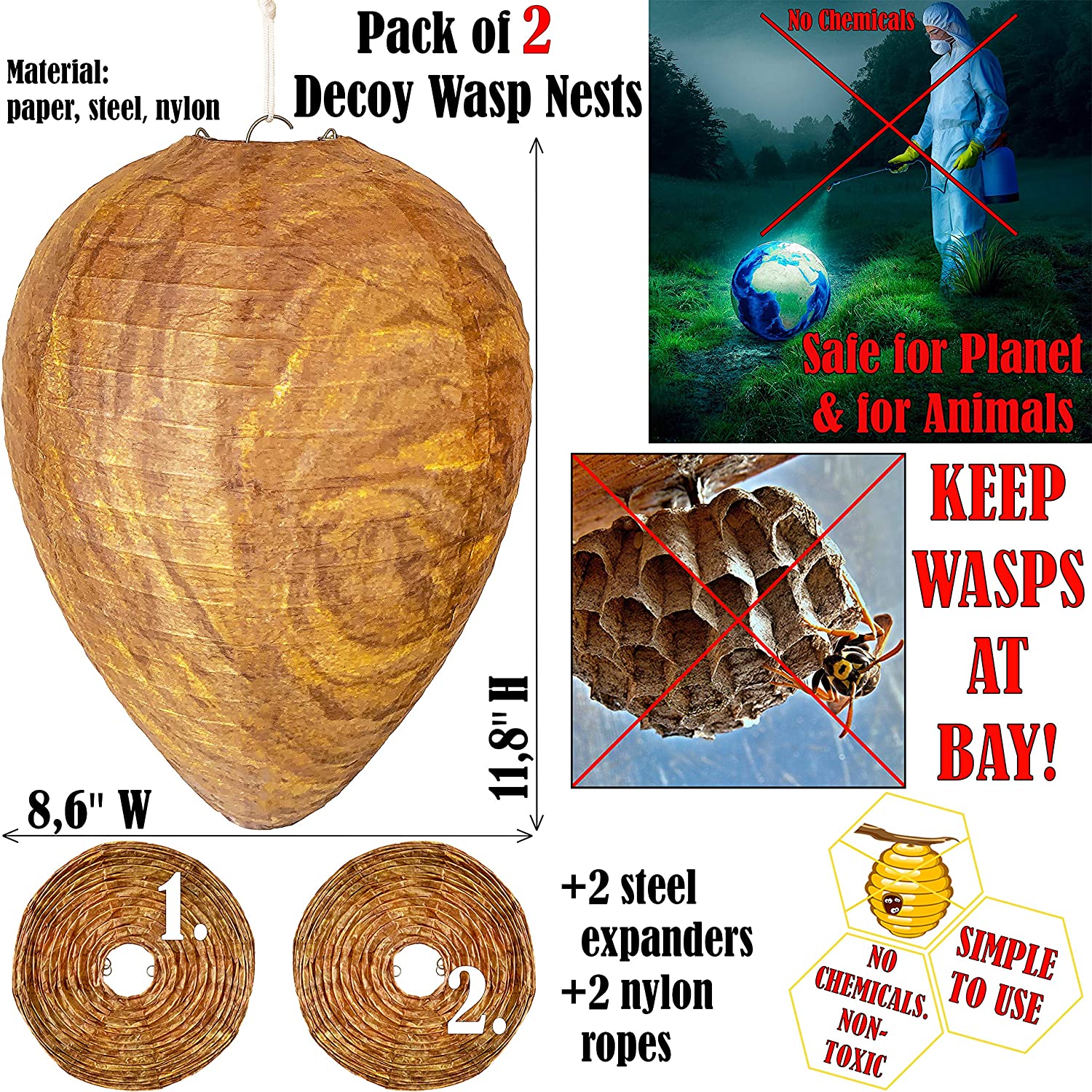 Wasp Nest Decoy - 2 Pack - Hanging Fake Wasp Nest