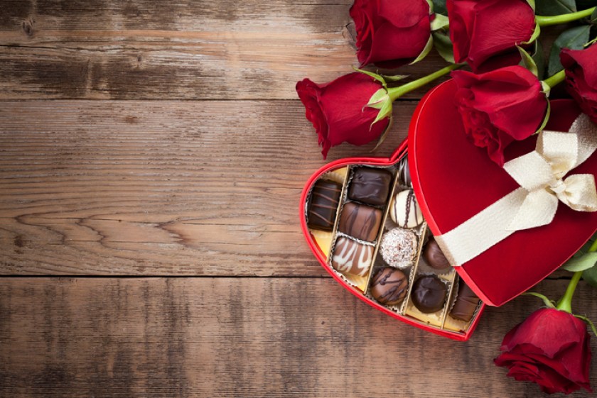 Valentine's Day Box of Chocolates and Red Roses