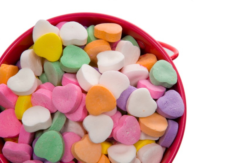 Bucket of Candy Valentine's Hearts - Close-up