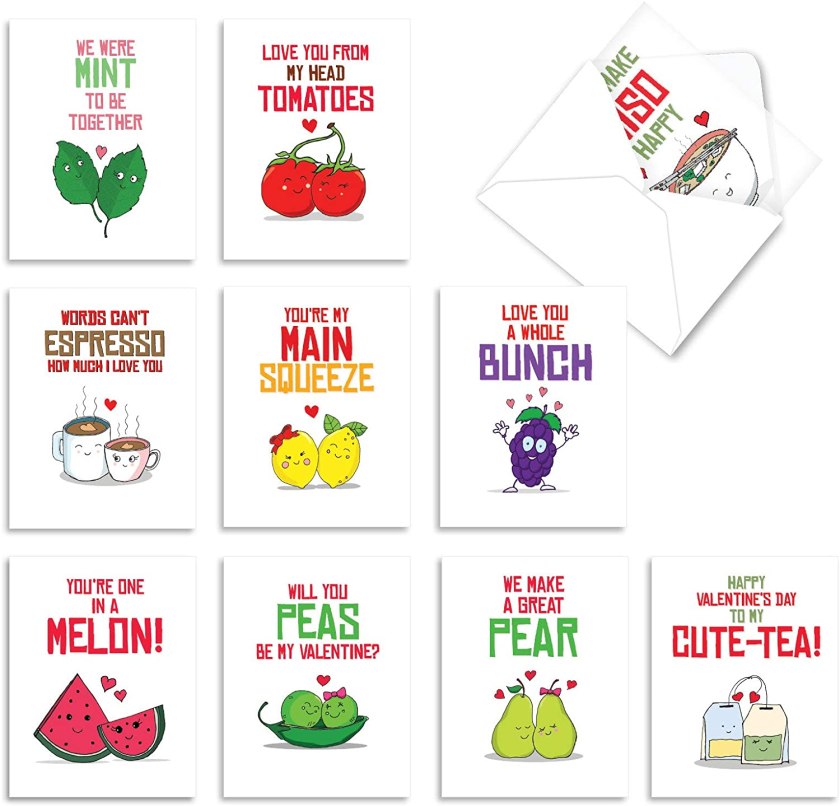 The Best Card Company - 10 Assorted Valentine's Day Note Cards (4 x 5.12 Inch) - Boxed Valentine Cards, Bulk Set with Envelopes - Romantic Yummy Puns M5659VDG-B1x10