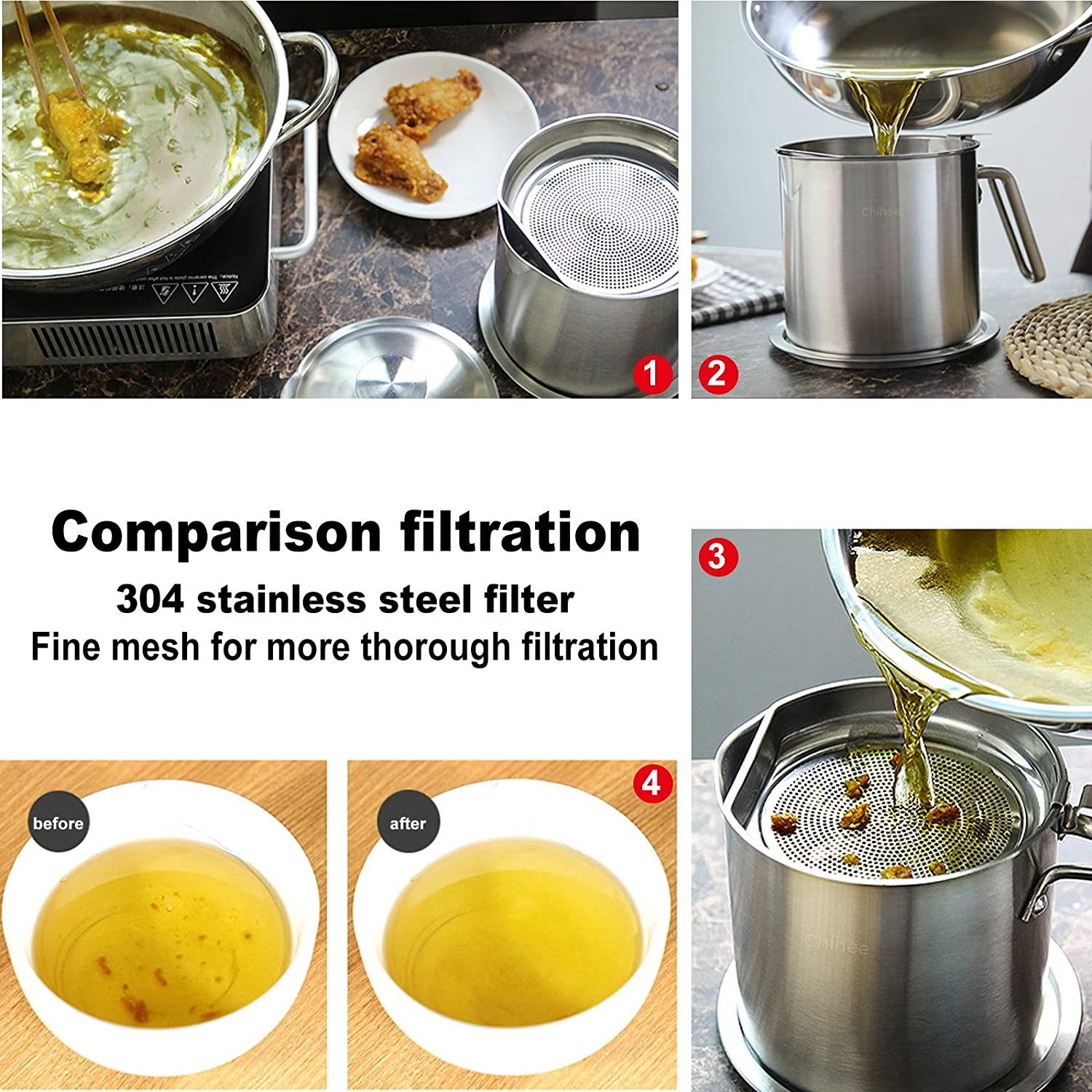 Chihee Oil Strainer Pot Grease Can 2 L Stainless Steel Oil Storage Can Container with Fine Mesh Strainer Dust-proof lid Non-slip Plate Suitable for Storing Frying Oil and Cooking Grease