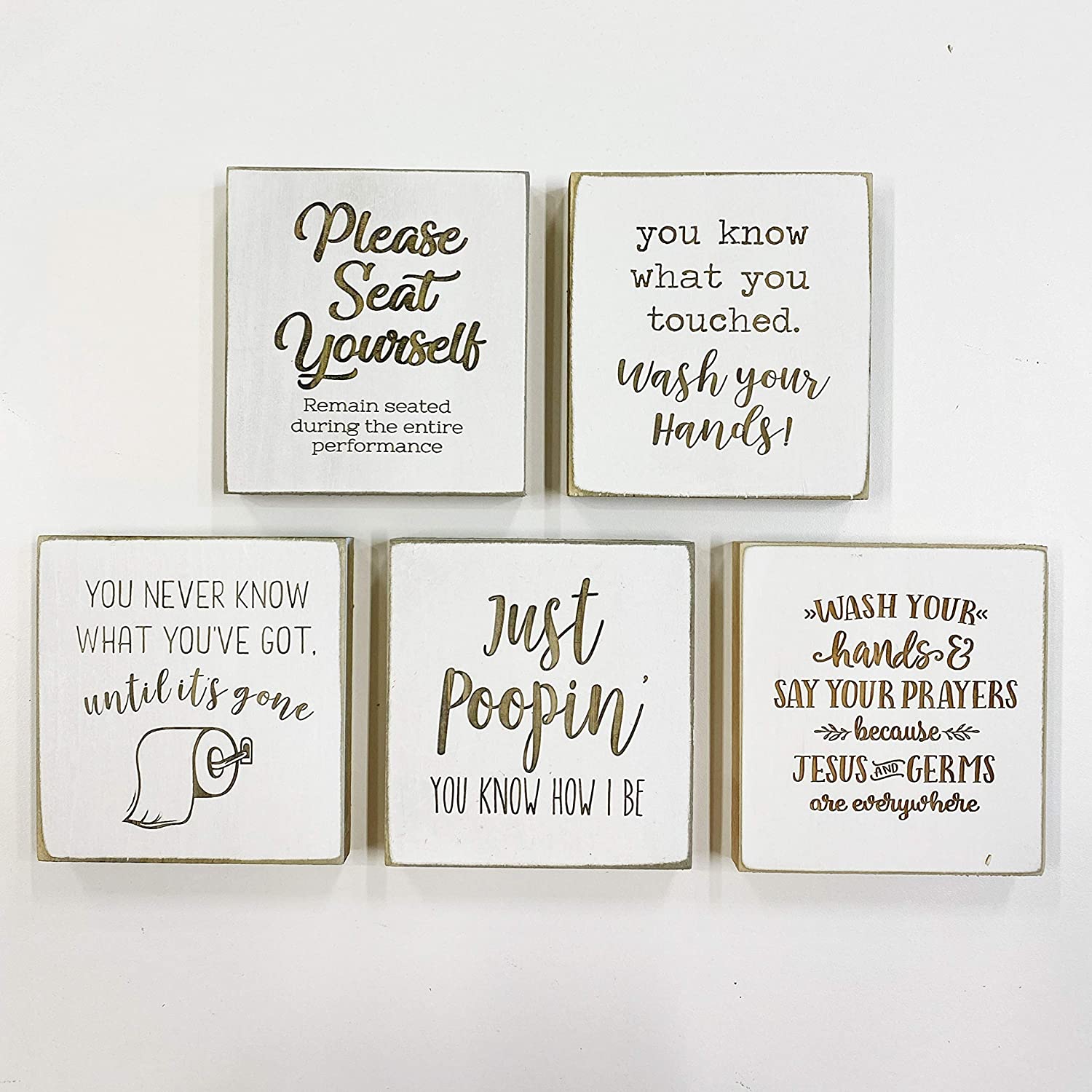Etch & Ember Funny Bathroom Signs - Set of 5 - Farmhouse Style Decor - Rustic Wood Sign - 4" x 4" x 3/4"