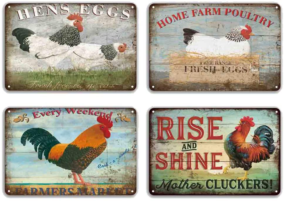 FlowerBeads Farmhouse Sign Metal Chicken Signs Funny Wall Signs Chicken Art Tin Signs Chicken Coop Country Decor for Home (4pcs-Chicken Signs 3)