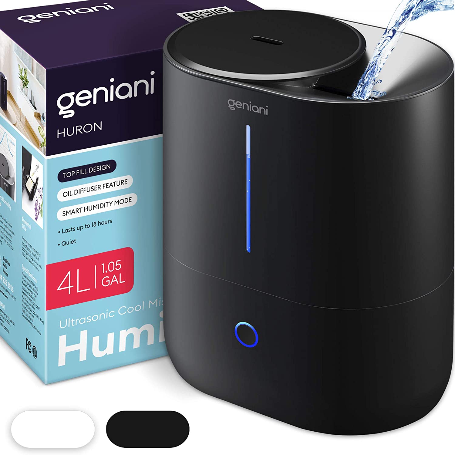 GENIANI Top Fill Cool Mist Humidifiers for Bedroom & Essential Oil Diffuser - Smart Aroma Ultrasonic Humidifier for Home, Baby, Large Room with Auto Shut Off, 4L Easy to Clean Water Tank (4L, Black)