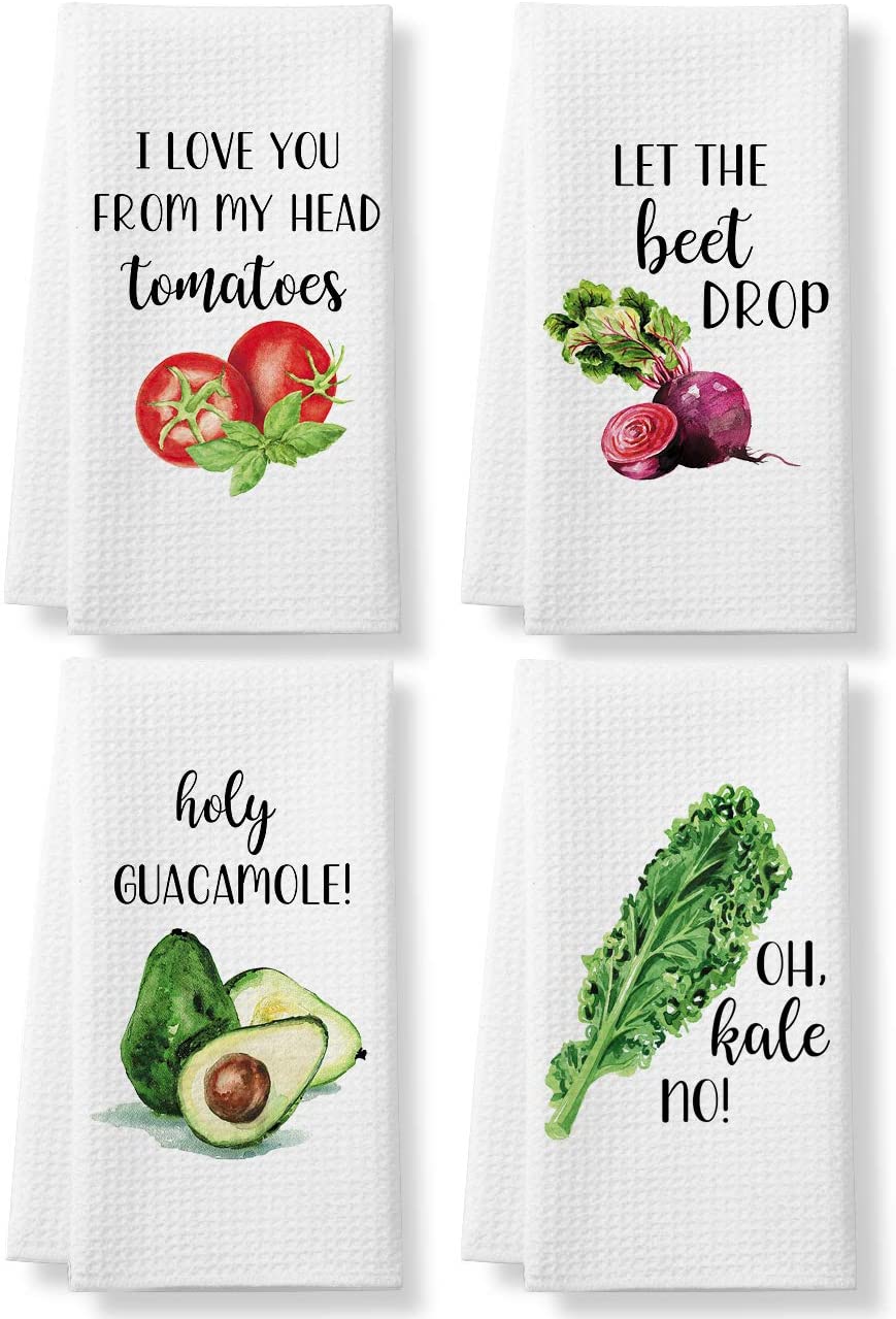 KLL Funny Kitchen Tea Towels Foodie Housewarming Gift- Set of 4 Dish Waffle Vegetables Towels Gift for Wedding Shower Fun Hostess Kitchen Decor Christmas New Home