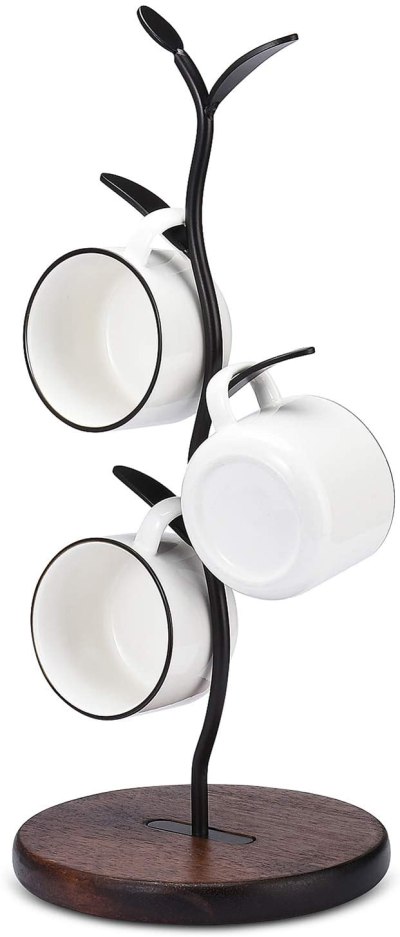 Mug Holder, Countertop Mug Tree, Coffee Mugs & Tea Cup Storage Rack, Coffee Counter Bar Accessory & Kitchen Organizer, Black (Single Row)