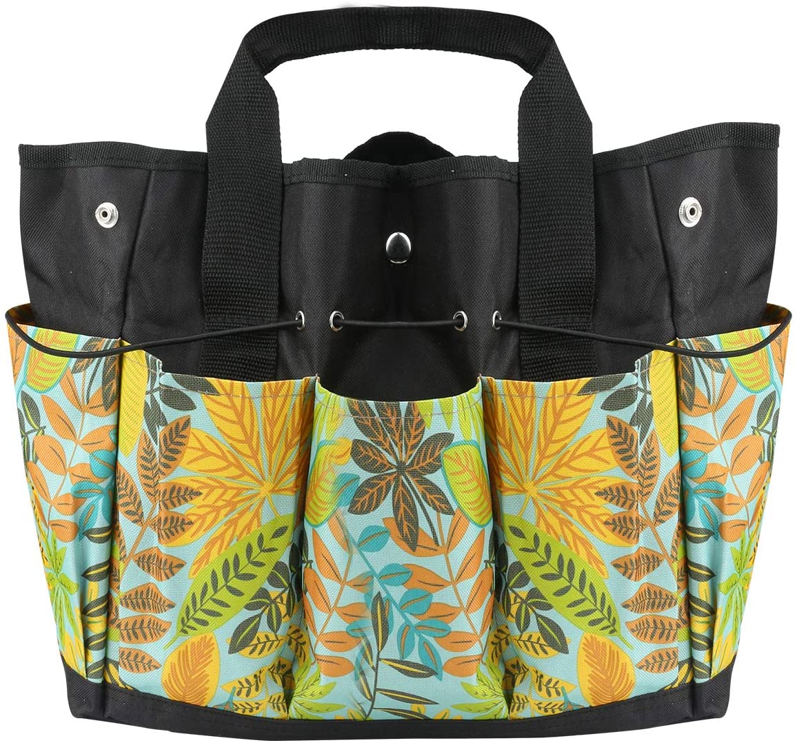 Mystery Garden Tool Tote Bag, Leaf Print Gardening Tool Tote Storage Bag with 8 Pockets, Heavy Duty Garden Tool Organizer Pouch Bag, Oxford Cloth Garden Bag for Women Men, Green (Tools Not Included)