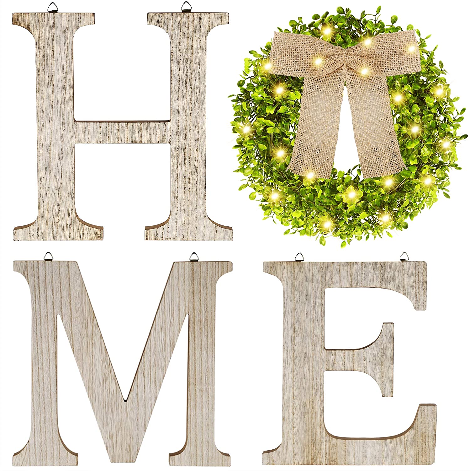SAND MINE Wooden Home Signs, Farmhouse Home Decor Wall, Rustic Home Letters Decor with Lighted Artificial Eucalyptus Wreath, Wall Decorative Hanging Sign for Bedroom Living Room Enterway