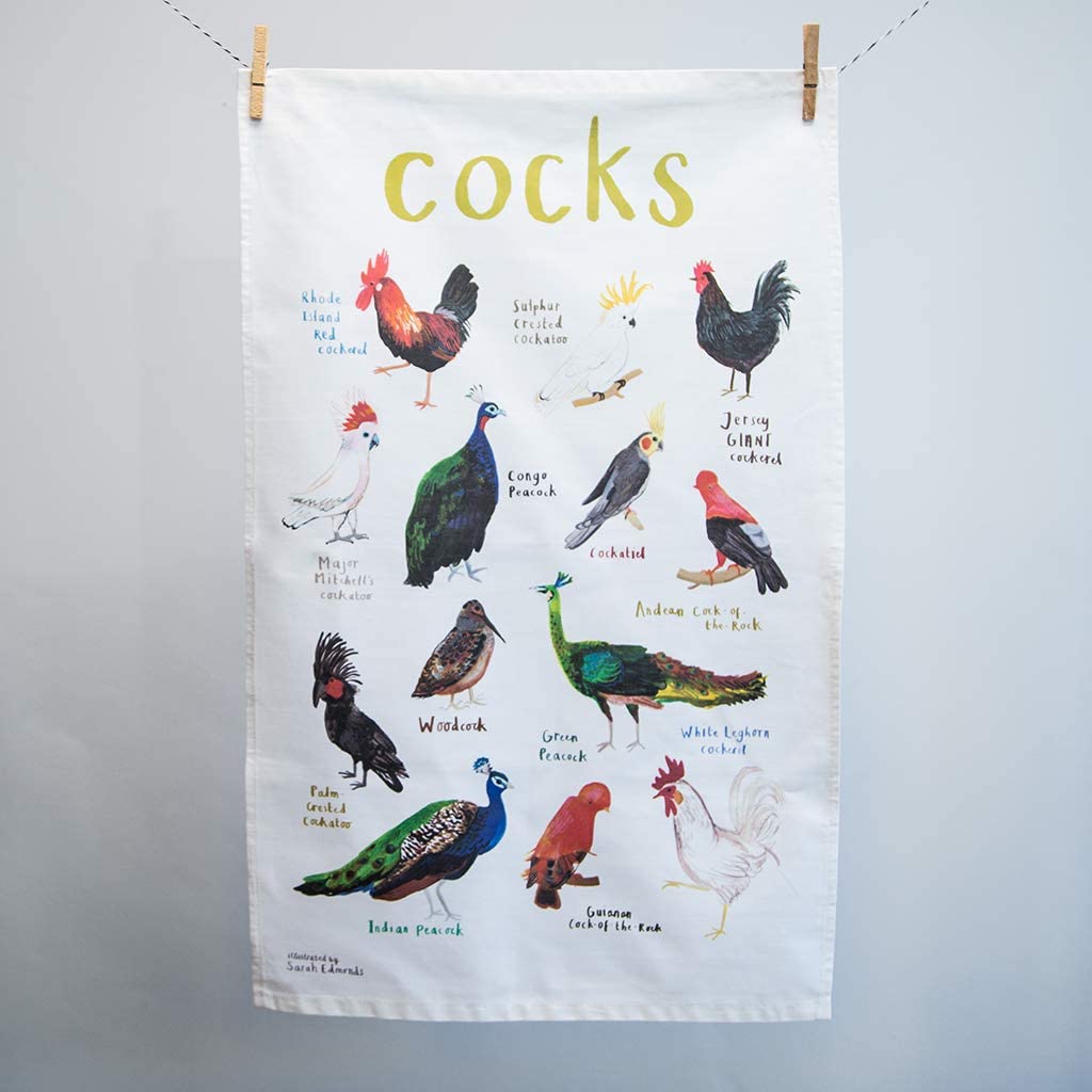 Sarah Edmonds Illustration Funny Tea Towels, Bird Puns, Premium Cotton, 19 x 30-inches (Cocks/Cockerels)