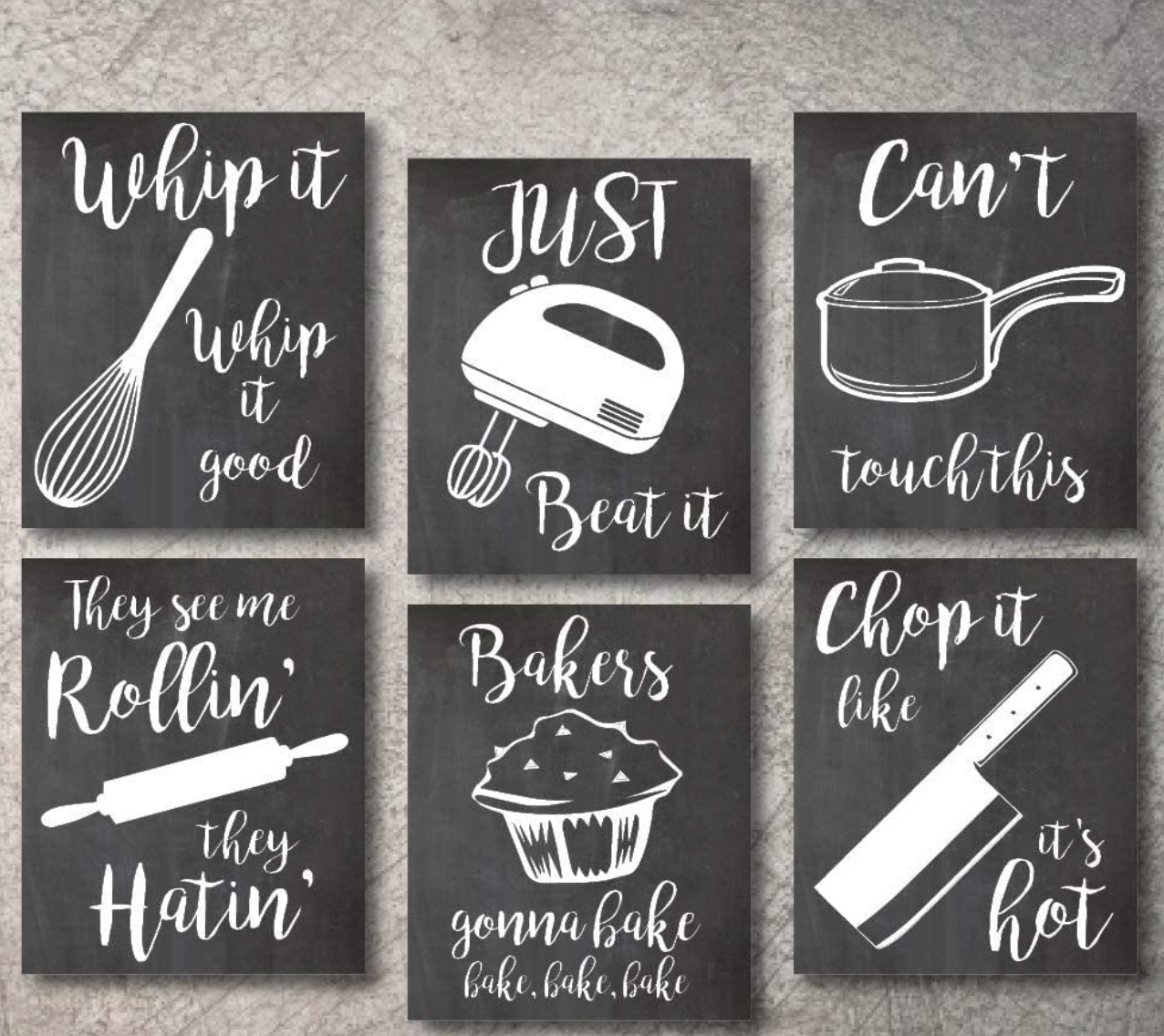 Home Decor Funny Gift 6 Kitchen Wall Art Prints Kitchenware with Sayings Unframed Farmhouse Home Office organization Signs Bar Accessories Decorations sets white house Deco Kitchen Decor (8"x10")