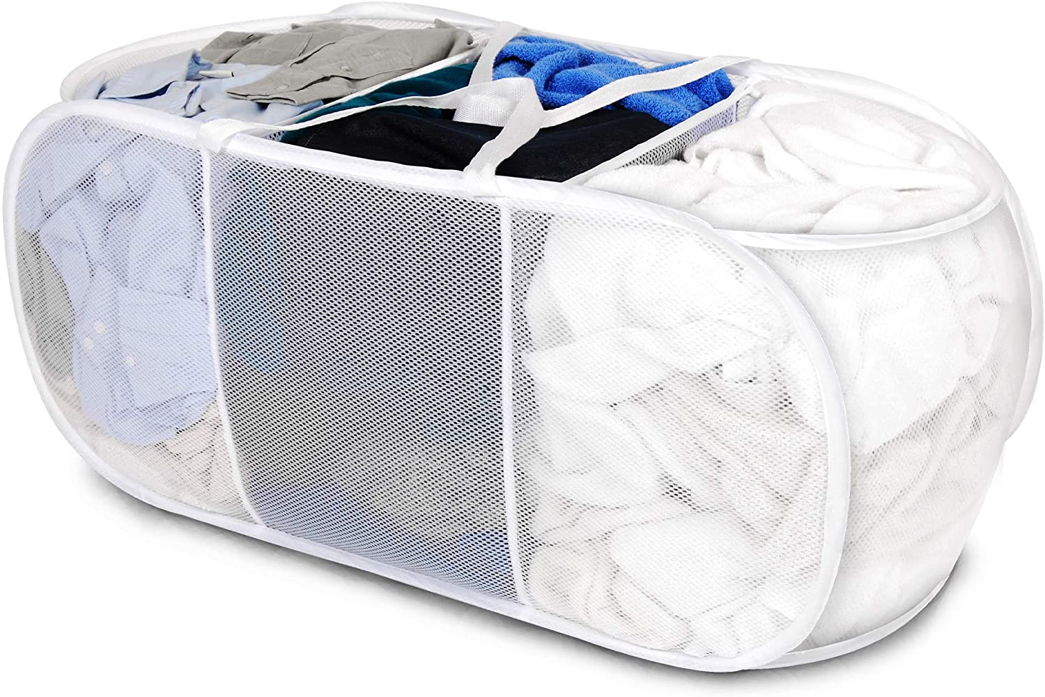 Smart Design Deluxe Mesh Pop Up 3 Compartment Laundry Sorter Hamper Basket - VentilAir Fabric Collapsible Design - for Clothes & Laundry - Home Organization (Holds 6 Loads) (33 x 15 Inch) [White]
