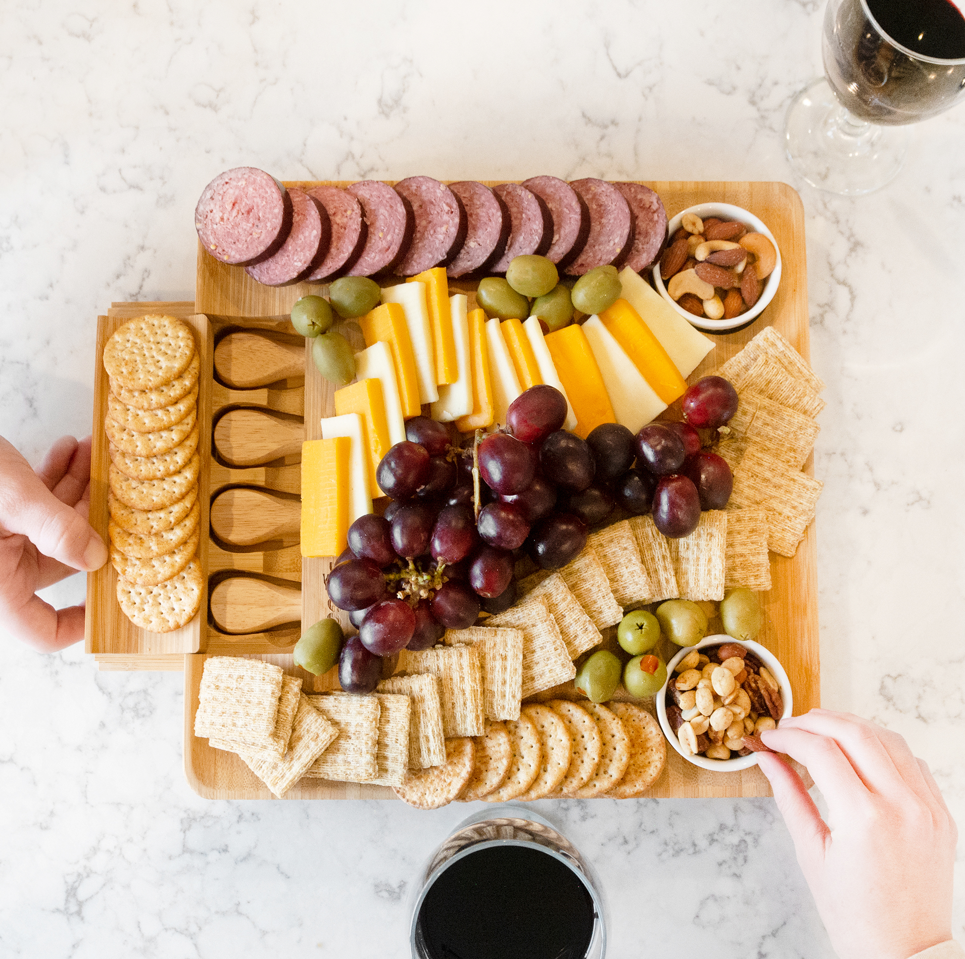 DRAGONN Natural Bamboo Cheese Board & Charcuterie Platter with 2 Ramekins and Hidden Drawer (DN-KW-BB02)