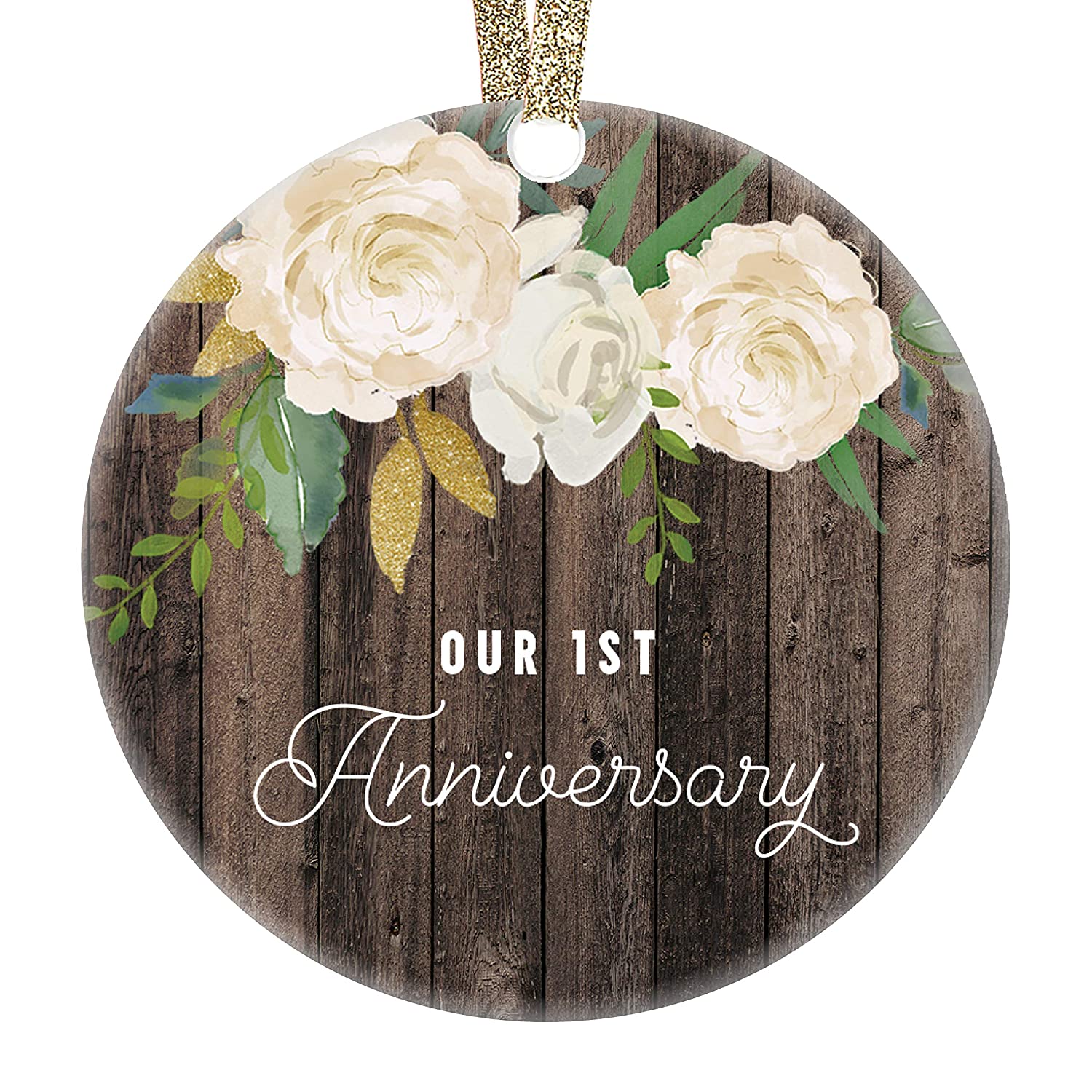 1st Year Anniversary Gifts First Christmas Married Ornament Newlywed Wedding Marriage Couple Him Her Keepsake Rustic 3 Flat Circle Porcelain Ceramic