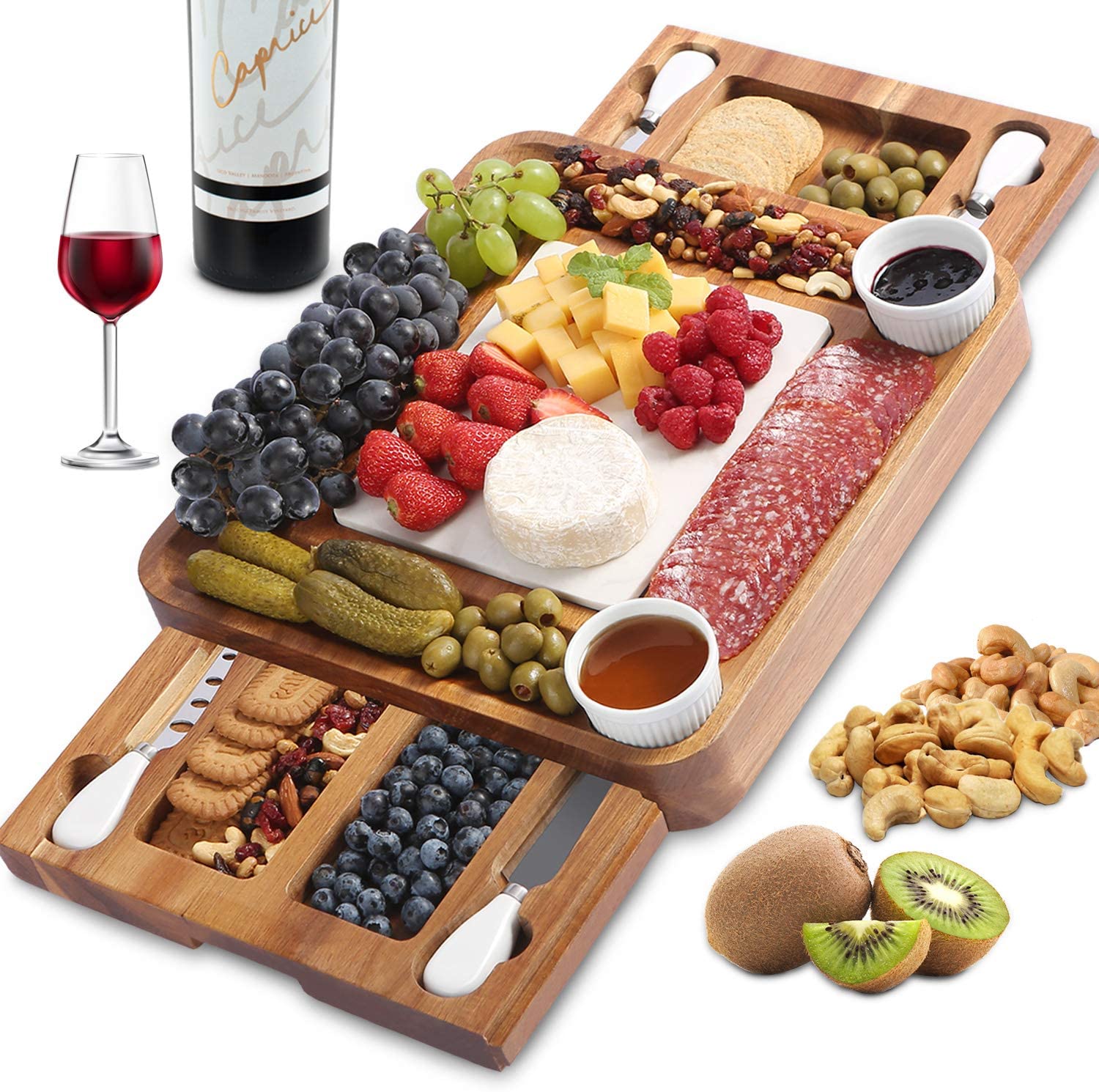 ABELL Cheese Platter and Knife Set, Acacia Charcuterie Boards Platter Serving Tray with Double Side Marble Slab for Housewarming Party Thanksgiving Birthday Wedding Gifts