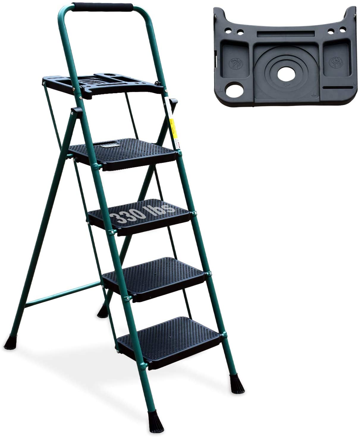 4 Step Ladder, HBTower Folding Step Stool with Tool Platform, Wide Anti-Slip Pedal, Sturdy Steel Ladder, Convenient Handgrip, Lightweight 330lbs Portable