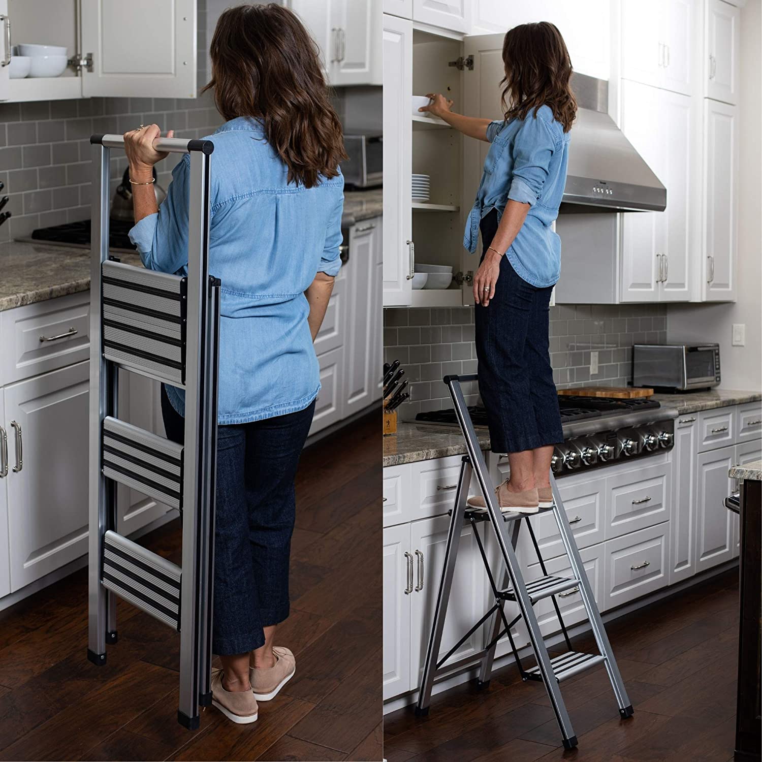 BirdRock Home 3-Step Slim Aluminum Step Ladder - Sturdy Thin Folding Stool - 3 Anti-Slip Steps - Wide Platform - Great for Your Kitchen, Pantry, Closets
