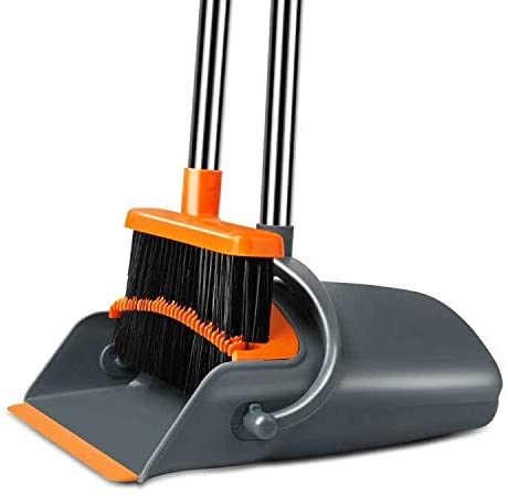 Chouqing Dust Pan and Broom, Self-Cleaning with Dustpan Teeth, Ideal for Pet Hair Home Use, Super Long Handle Upright Stand Up Broom and Dustpan Set (Gray & Orange)