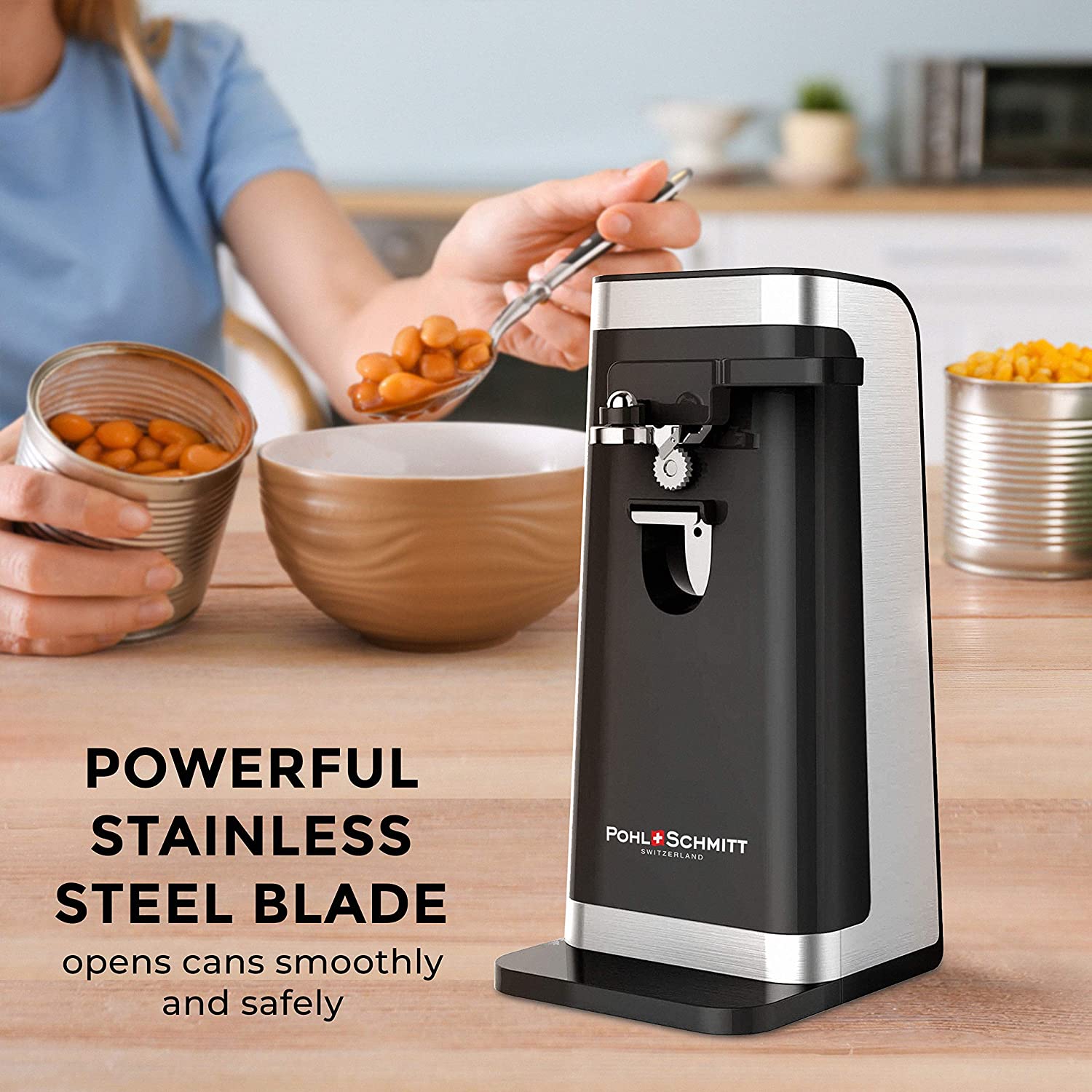 Kitchen Mama One Touch Can Opener: Open Cans with Simple Press of A Button  - Auto Stop As Task Completes, Ergonomic, Smooth Edge, Food-Safe, Battery