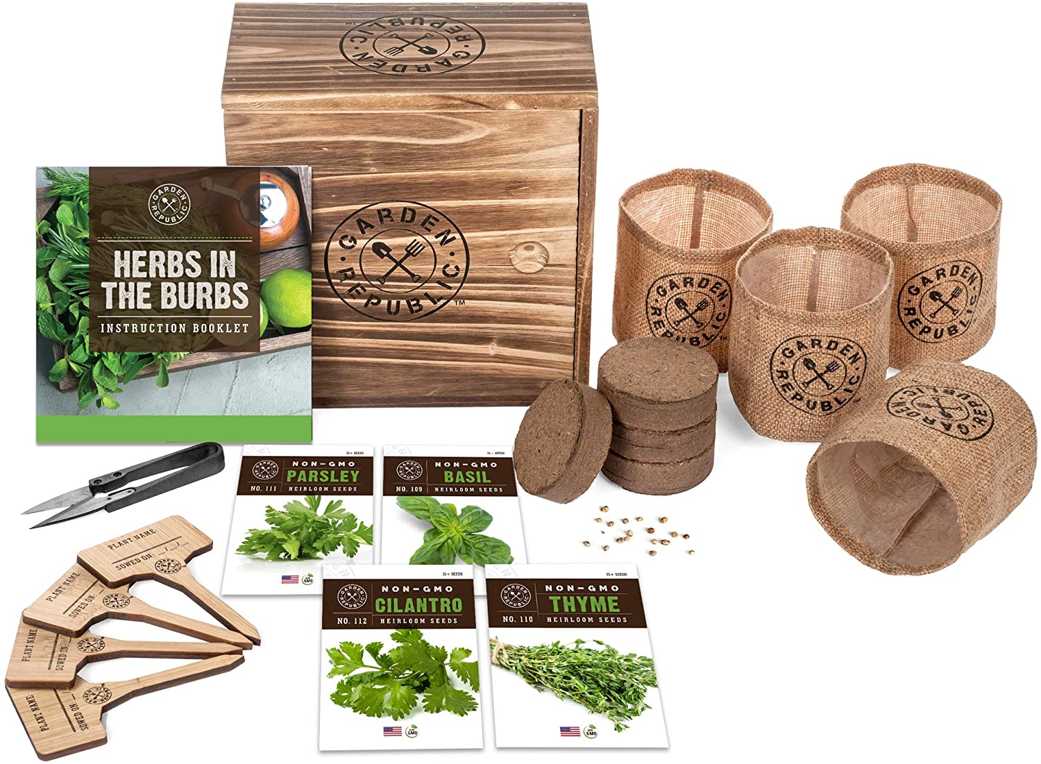 Indoor Herb Garden Starter Kit - Heirloom, Non-GMO Herb Seeds - Basil Thyme Parsley Cilantro Seed, Potting Soil, Pots, Scissors - DIY Grow Kits for Growing