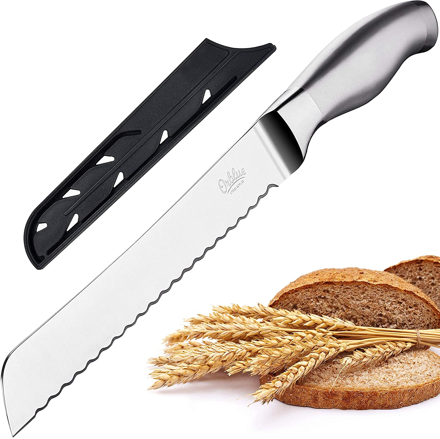 Orblue Serrated Bread Knife with Upgraded Stainless Steel Razor Sharp Wavy Edge Width - Bread Cutter Ideal for Slicing Homemade Bread, Bagels, Cake