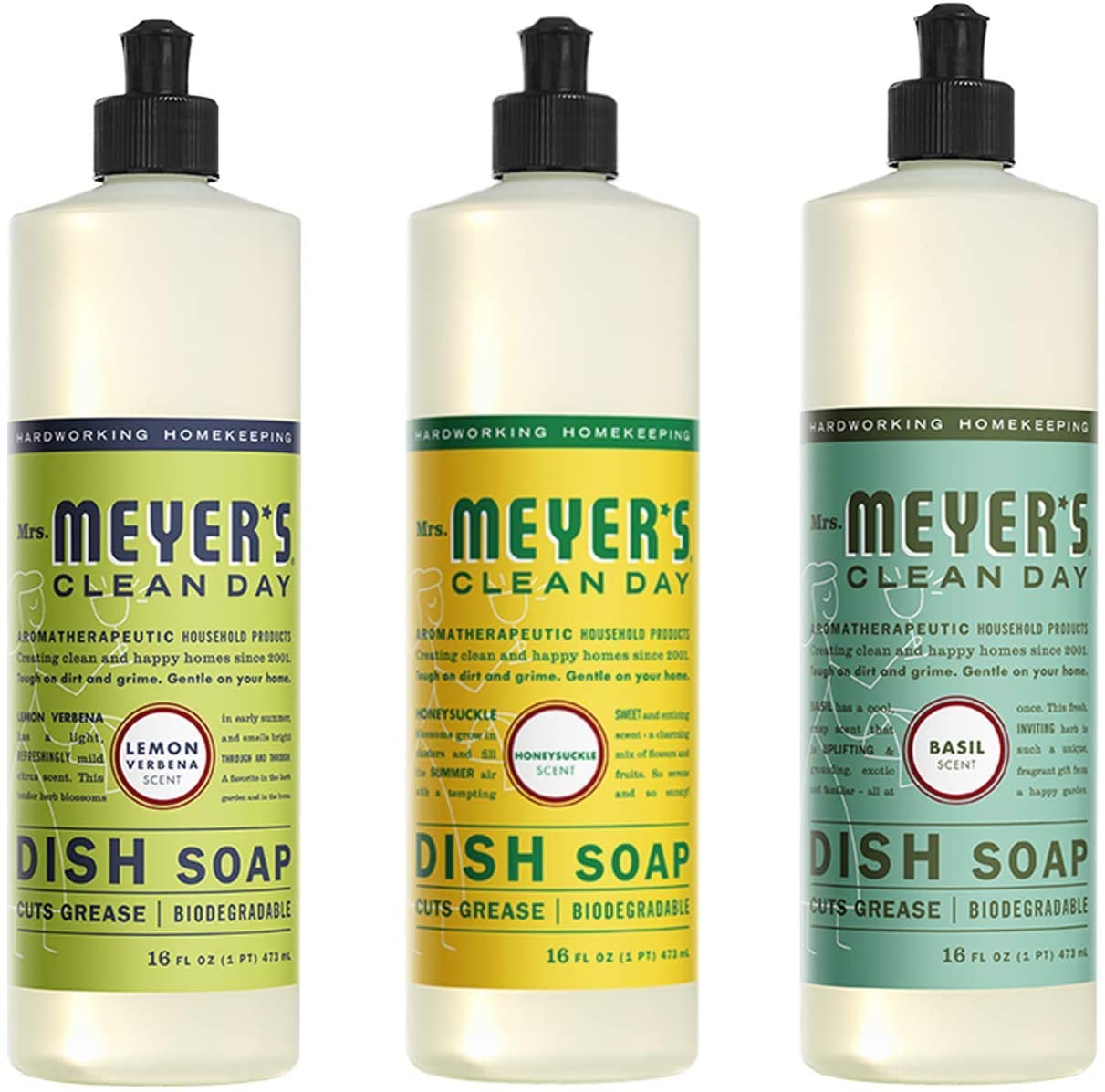 Mrs. Meyer's Clean Day Liquid Dish Soap, 16 oz, Lemon Verbena, Basil, Honeysuckle (Variety Pack)