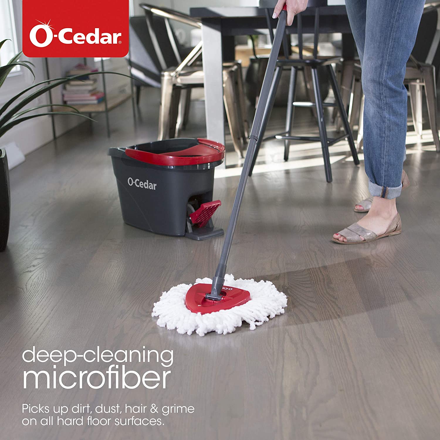 O-Cedar EasyWring Microfiber Spin Mop & Bucket Floor Cleaning System + 2 Extra Refills, Red:Gray