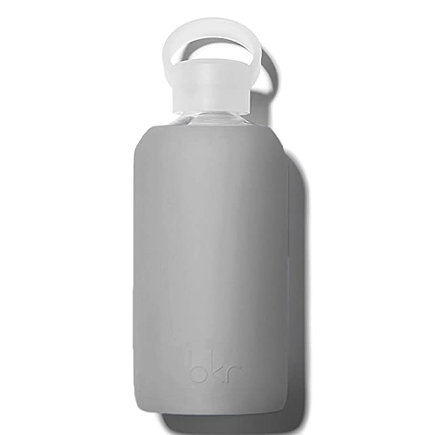 bkr Glass Water Bottle - BPA Free Durable Glass Water Bottles, Smooth Silicone Sleeve - Leakproof, Large, Cute, Reusable, Travel Friendly, Carrying Loop, Dishwasher Safe - 16 oz London Light Gray