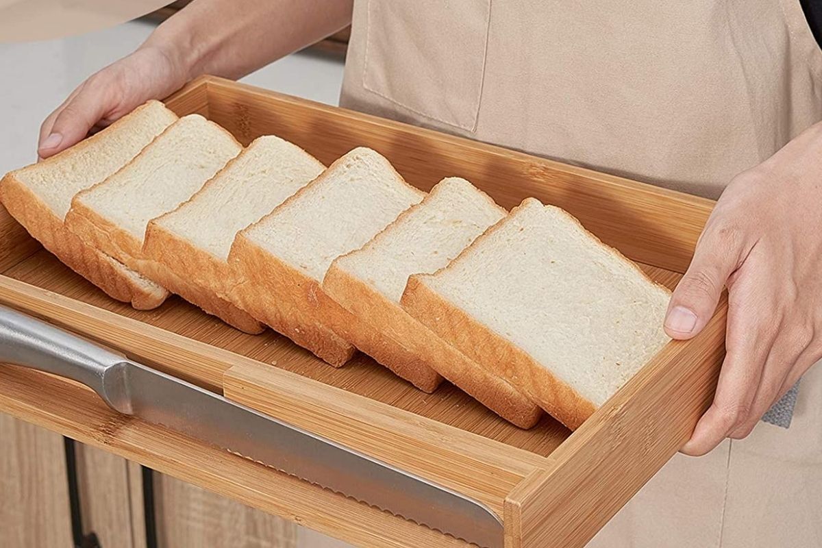 A Home Bread Slicer For Homemade Bread With Long Knife & Crumb Tray , 3  Size, 3 Thickness
