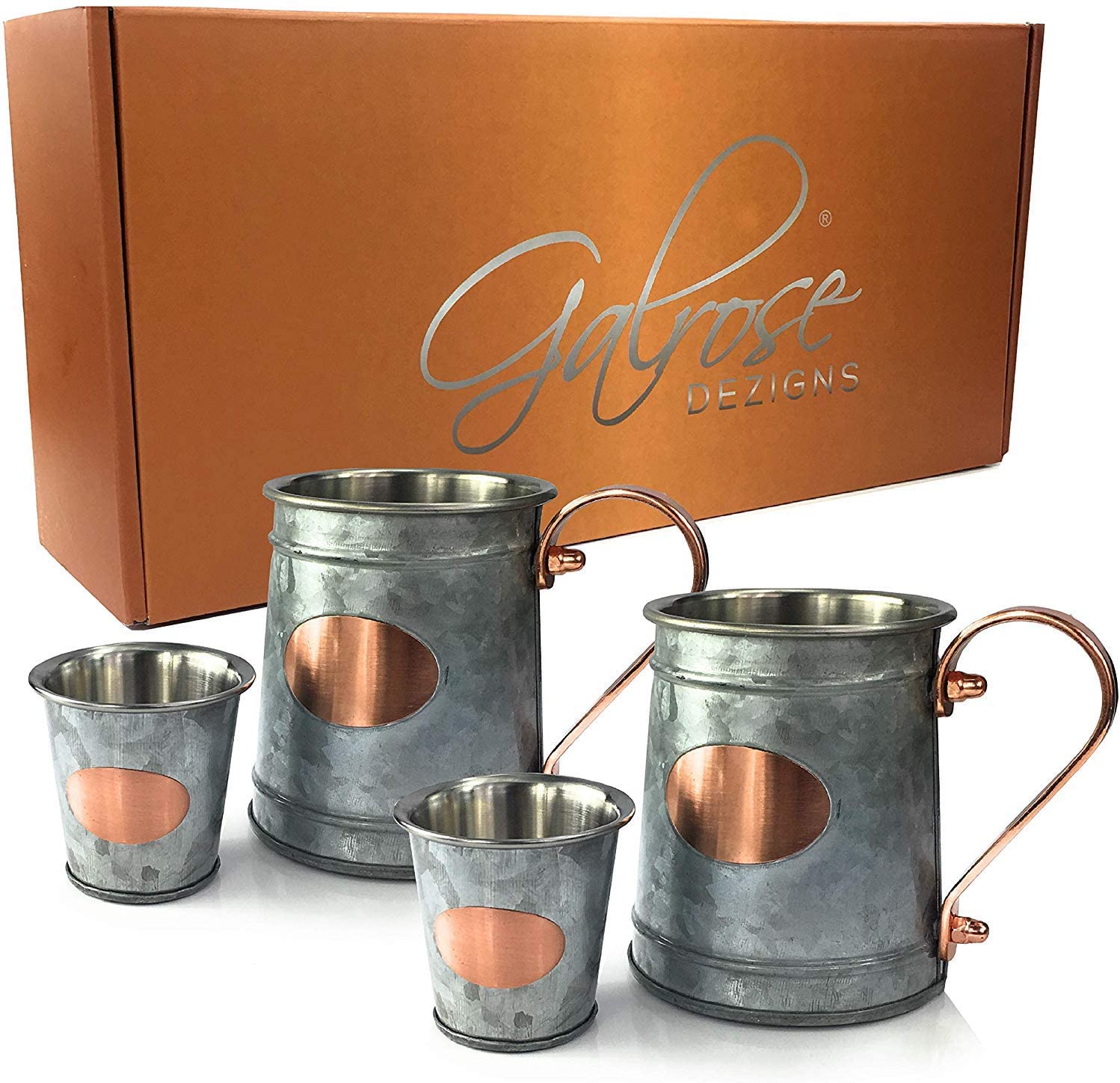 Galrose Galvanized Iron Beer Stein - Rose Gold Plaque 16 oz Stainless Steel Double Wall Beer Mug. 2 Rustic Moscow Mule Mugs + 2 Shot Glasses for Parties. Unique 6th Iron Anniversary Gifts for Him