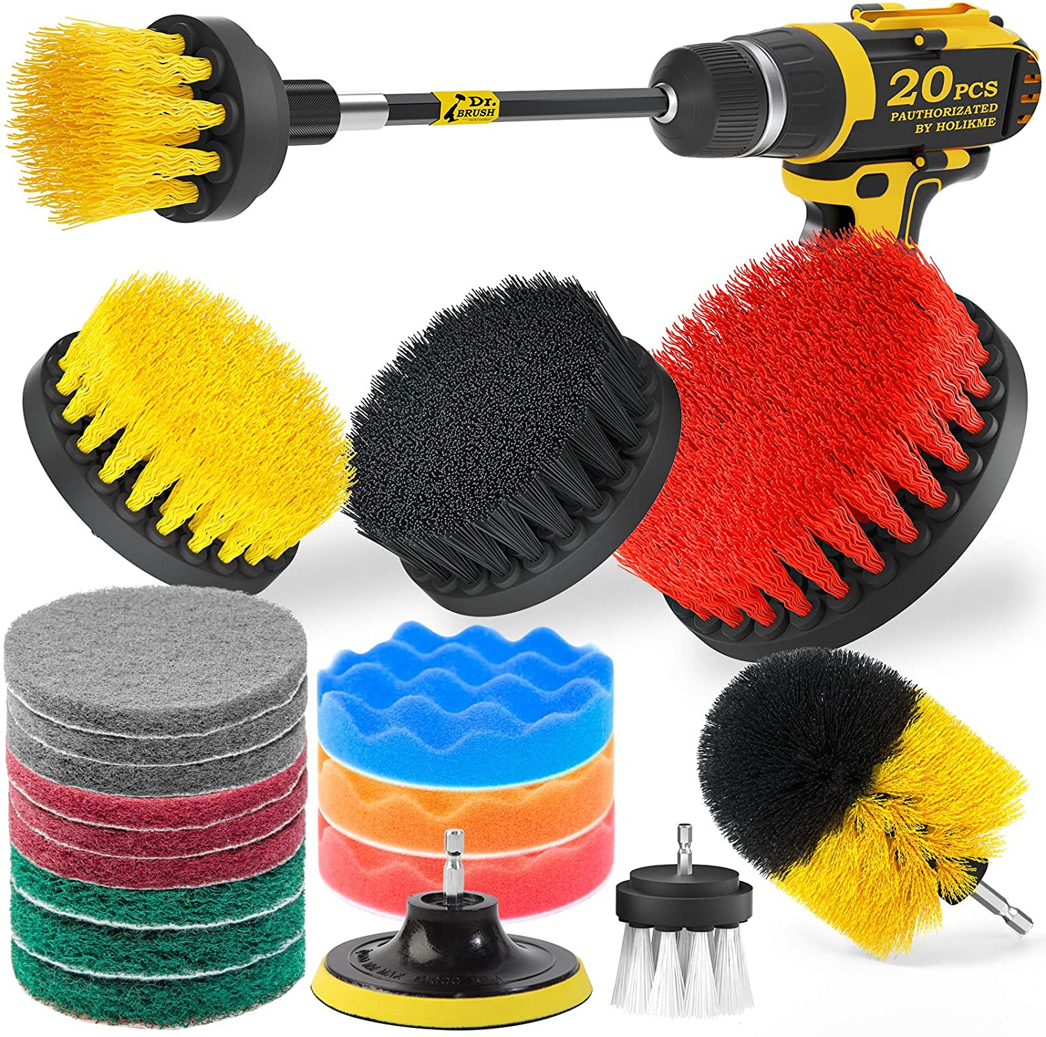 Holikme 20Piece Drill Brush Attachments Set, Scrub Pads & Sponge,Buffing Pads, Power Scrubber Brush with Extend Long Attachment, Car Polishing Pad Kit