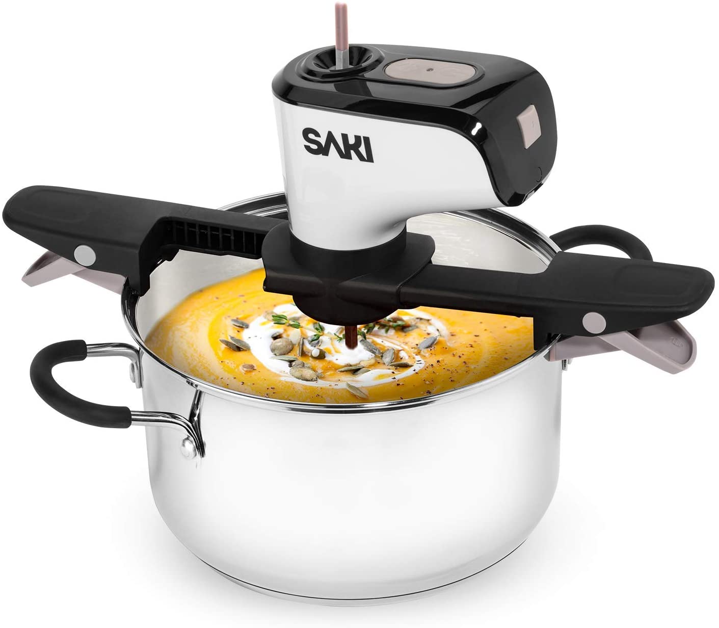 SAKI Automatic Pot Stirrer for Cooking, with 2 speeds, Adjustable, Hands Free, BPA free, Cordless and Rechargeable (2021 Updated Battery)