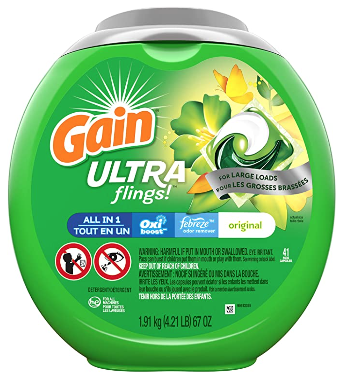 Gain Ultra Flings Liquid Laundry Detergent Pacs Designed for Large Loads, Original Scent, 41 Count