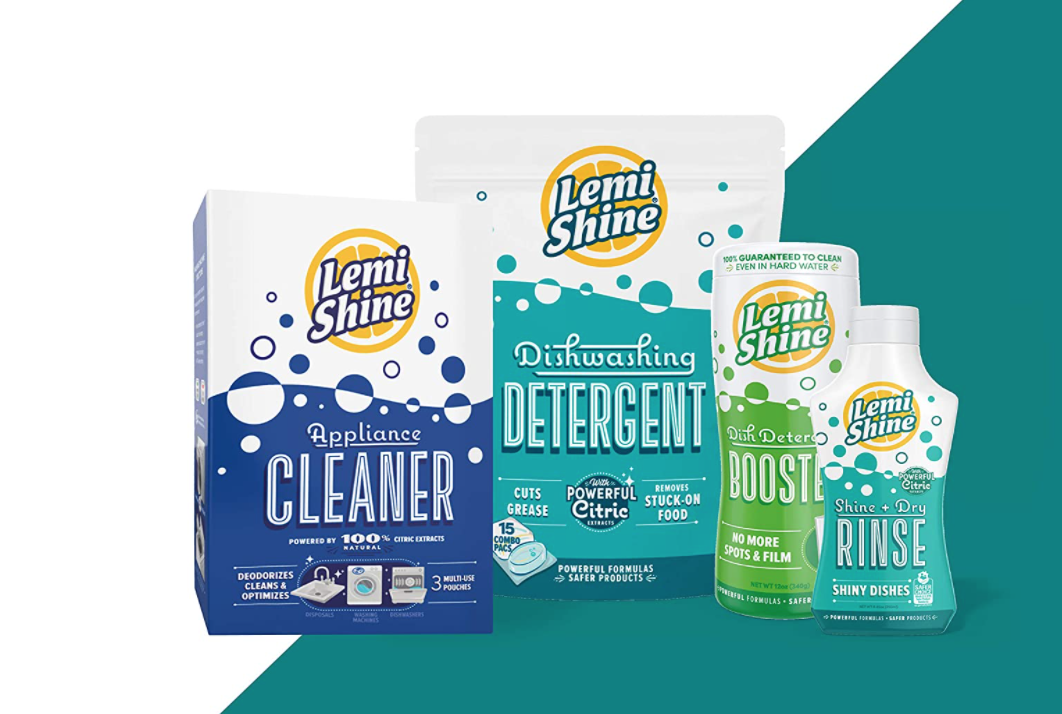 Lemi Shine Complete Dishwasher 4-Pc. Cleaning Bundle - 12 oz Booster Dishwasher Detergent Additive, Dry Rinse, 15 ct. Dishwasher Pods and 3-pk Multi-Purpose Machine Cleaner