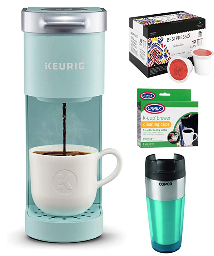 Keurig K-Mini Single Serve Coffee Maker (Oasis) with 12-Count Colombian Roast Coffee, Cleaning Cups & Tumbler Bundle (4 Items)