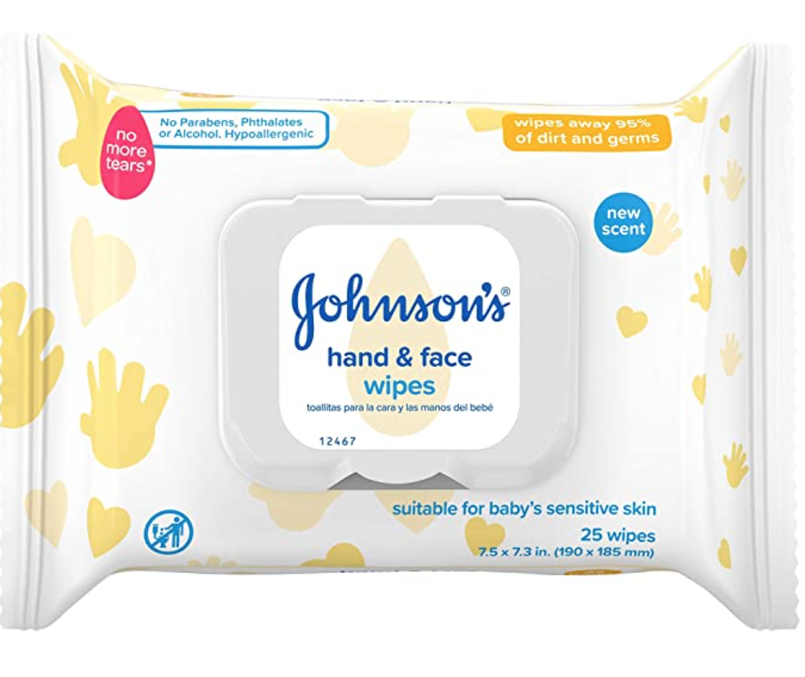 Johnson's Baby Hand & Face Cleansing Wipes to Remove 95% of Germs and Dirt from Skin, Pre-Moistened Allergy-Tested Wipes, Formula, Paraben- and Alcohol-Free, 25 ct