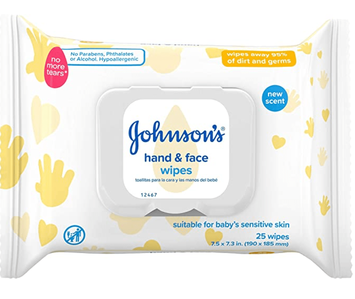 Johnson's Baby Hand & Face Cleansing Wipes to Remove 95% of Germs and Dirt from Skin, Pre-Moistened Allergy-Tested Wipes, Formula, Paraben- and Alcohol-Free, 25 ct