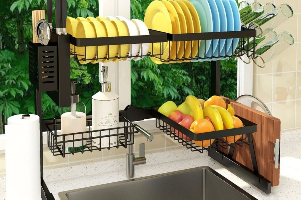 Kitchen Towel Drying Rack Sink Soap Dish Cloth Scrubbers Holder with  Removable Drainer Tray Kitchen Storage Rack