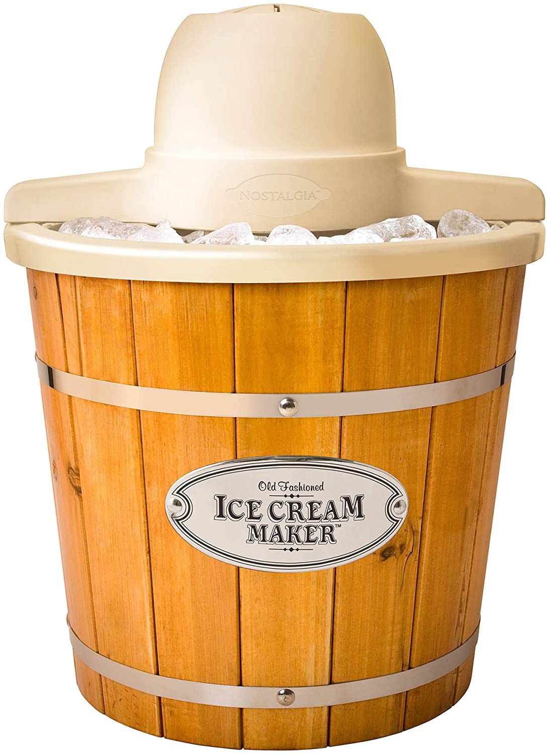 Nostalgia Electrics Ice Cream Maker, Makes 4-Quarts of Ice Cream, Frozen Yogurt or Gelato in Minutes, Real Wood Bucket, Light