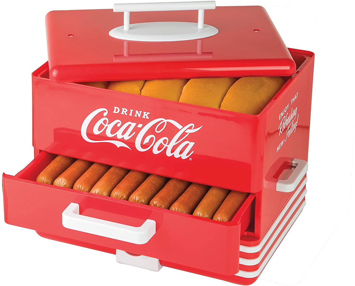 Nostalgia HDS248COKE Large Coca-Cola Diner-Style Hot Dog Steamer & Bun Warmer, 24 Hot Dogs and 12 Bun Capacity, Perfect For Breakfast Sausages, Brats, Vegetables, Fish, Red