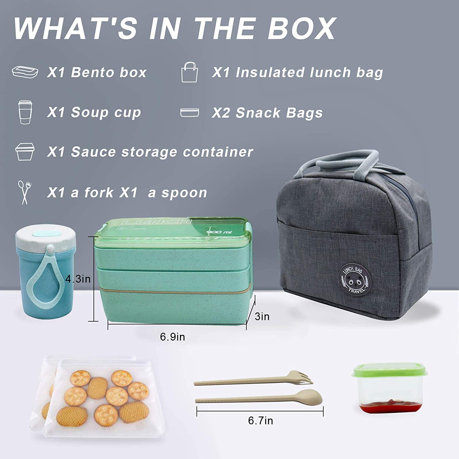 Koccido Bento Box Lunch Box Kit,Japanese Lunch Box 3-In-1 Compartment,Stackable Lunch Box Leakproof Lunch Container,Wheat Straw Bento Lunch Box for Kids and Adults