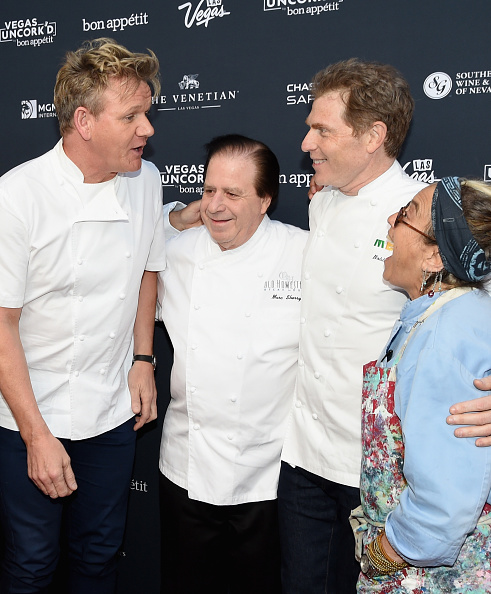 LAS VEGAS, NV - APRIL 28:  (L-R) Television personality and chef Gordon Ramsay, chef Marc Sherry, television personality and chef Bobby Flay and chef Susan Feniger attend the 11th annual Vegas Uncork'd by Bon Appetit Grand Tasting event presented by the Las Vegas Convention and Visitors Authority, Chase Sapphire and Southern Glazer's Wine and Spirits of Nevada at Caesars Palace on April 28, 2017 in Las Vegas, Nevada