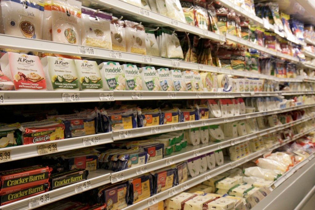 Shelves of cheese on display at Publix Grocery Store. 