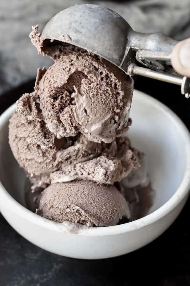 three scoops of homemade chocolate ice cream in a bowl