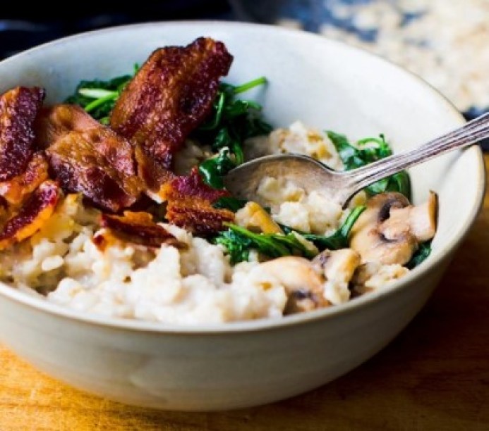 Savory Oatmeal with Garlicky Greens and Bacon