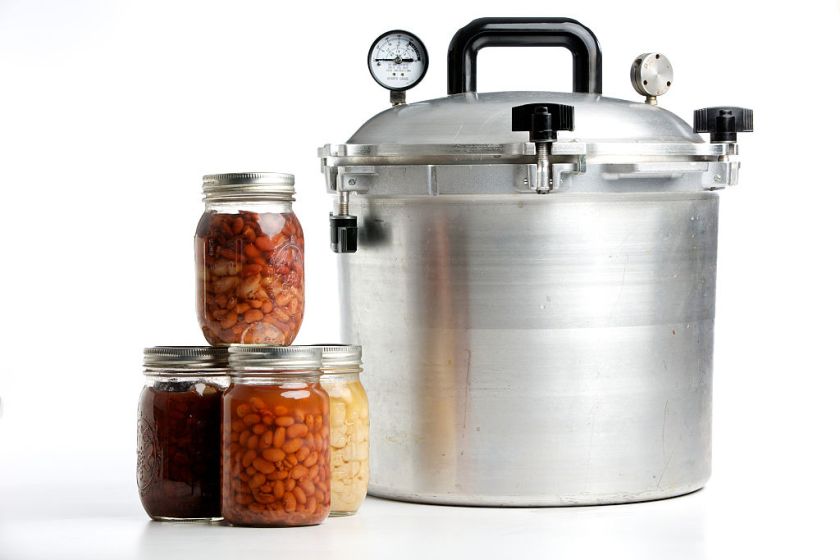 Pressure canner, with jars of beans