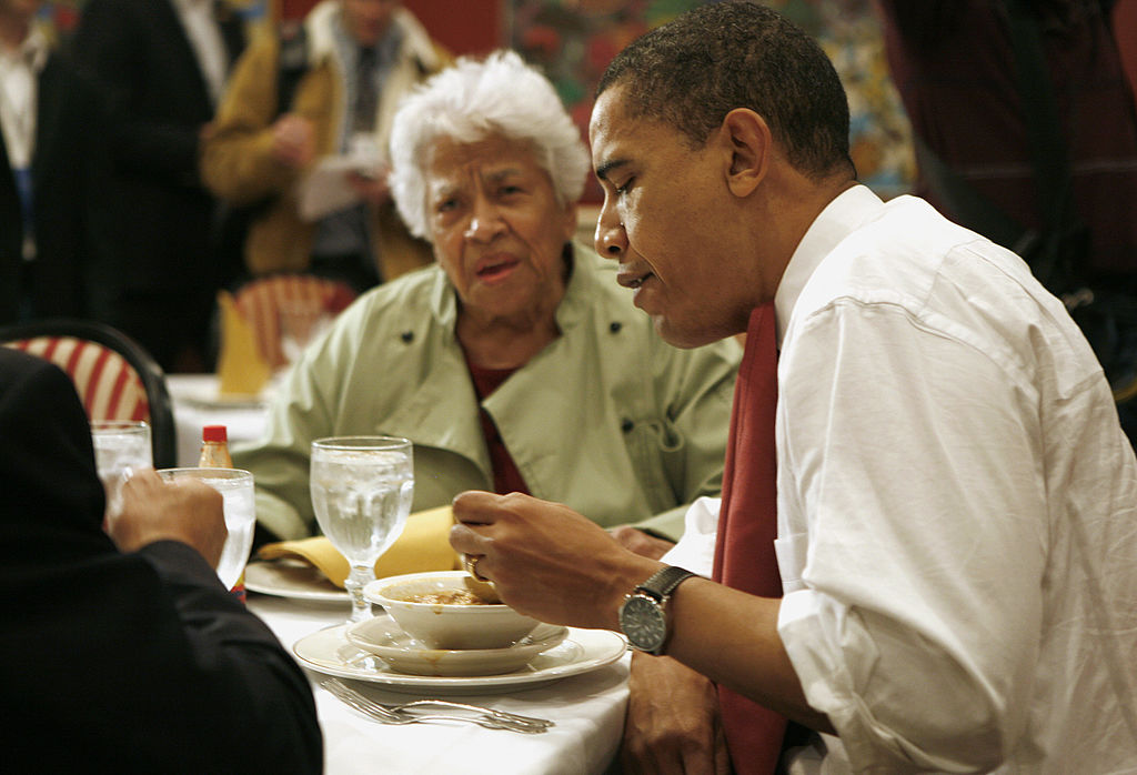 Senator Barack Obama eats gumbo with restaurant owner Leah Chase