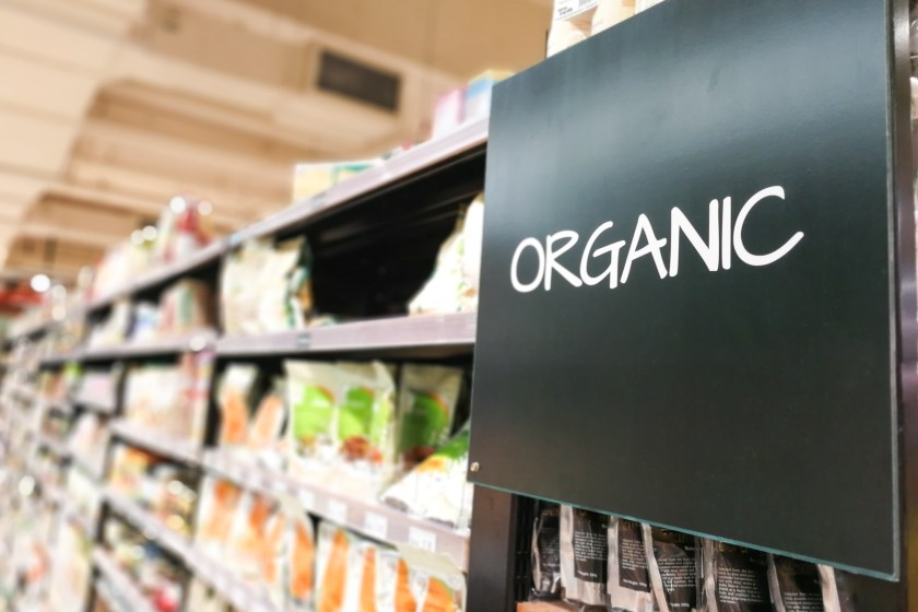 Organic products grocery category aisle at supermarket