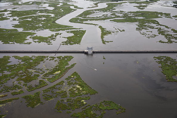 NEW ORLEANS, LA - AUGUST 23: The $1.1 billion Lake Borgne Surge Barrier stands near the confluence of and across the Gulf Intracoastal Waterway and the Mississippi River Gulf Outlet on August 23, 2019 in New Orleans, Louisiana. 