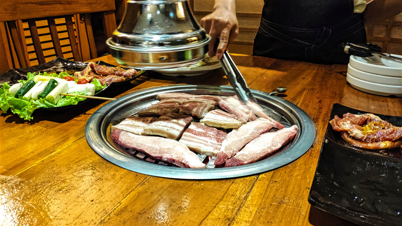 pork meat at korean BBQ restaurant