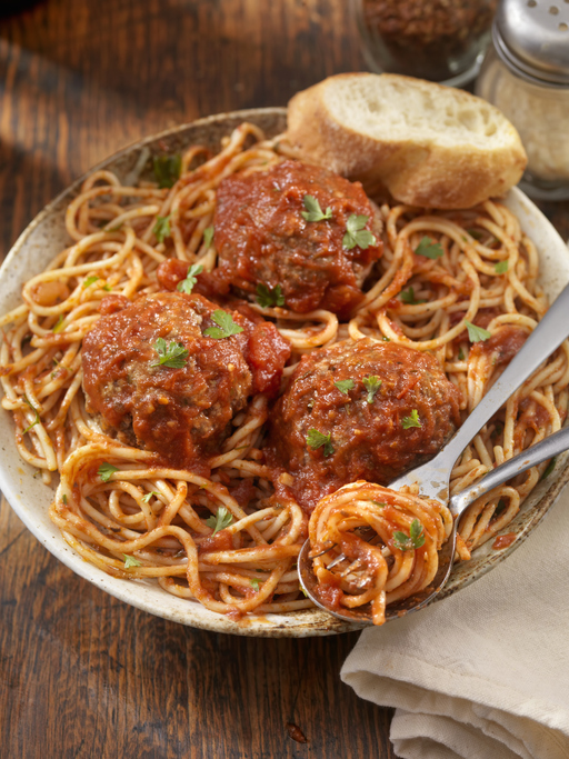 Spaghetti with Large Meatballs in a Tomato Basil Sauce with fresh Bread